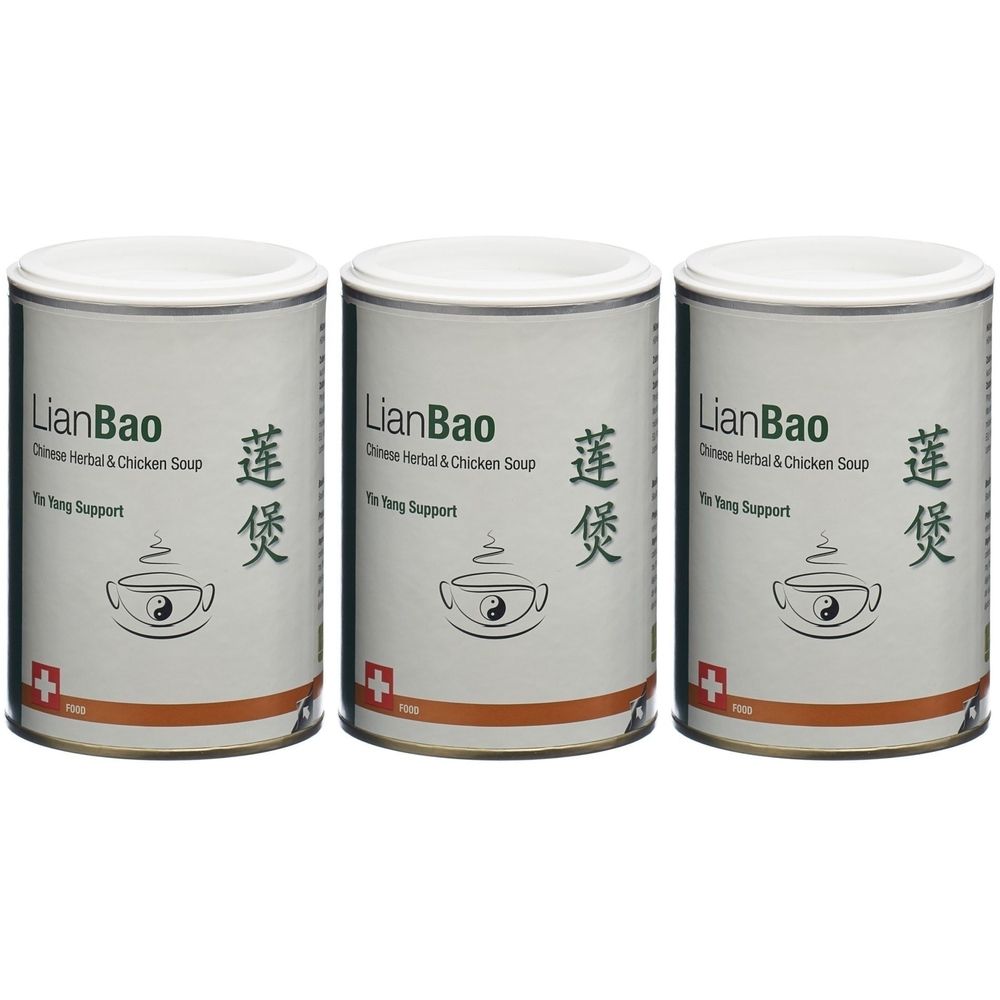Trois boîtes cylindriques avec couvercles blancs. Inscription: LianBao, soupe de poulet et herbes chinoises, soutien Yin Yang. Logo.