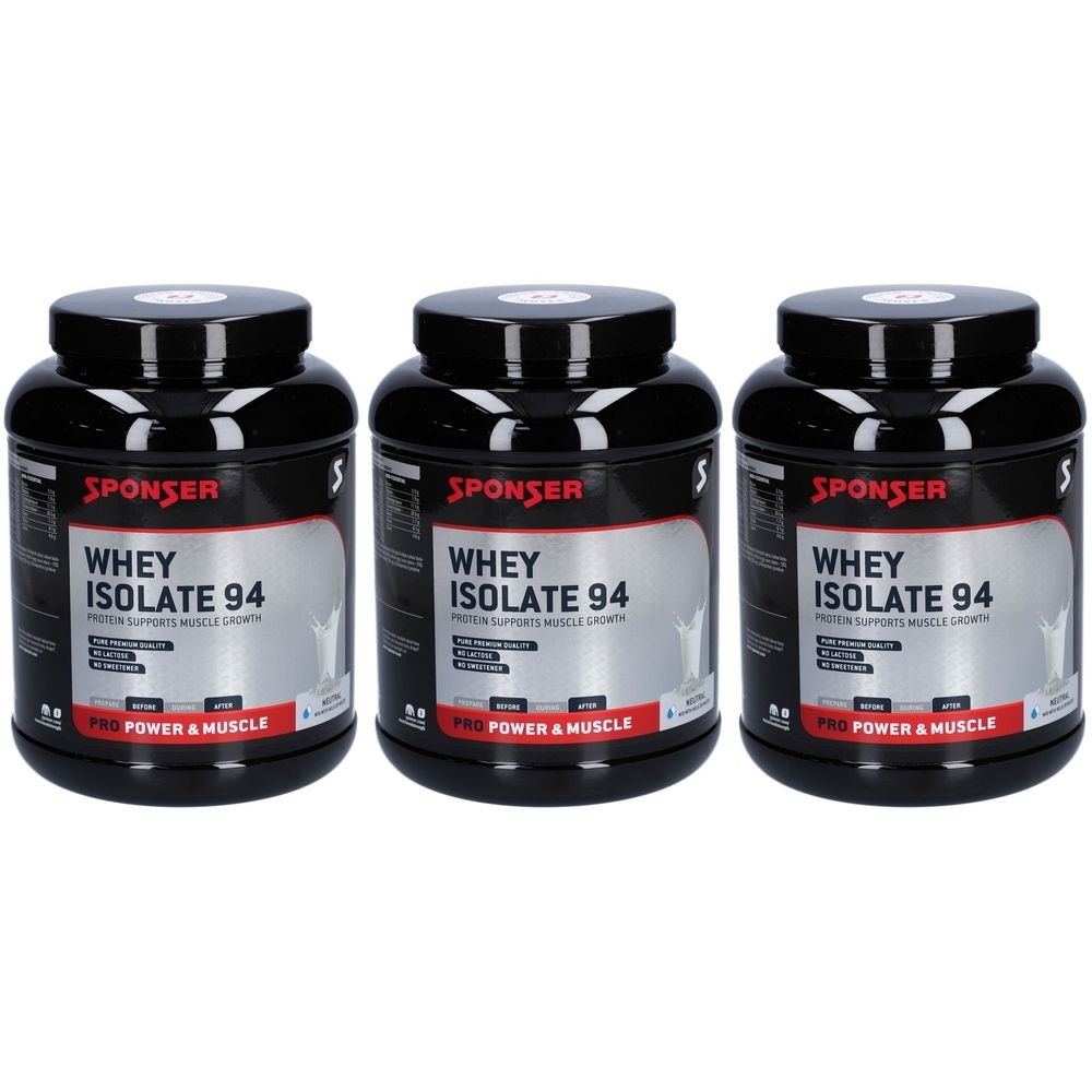 Trois contenants noirs avec l'inscription "SPONSER WHEY ISOLATE 94". Étiquettes rouges et argentées. Couvercles avec logo.