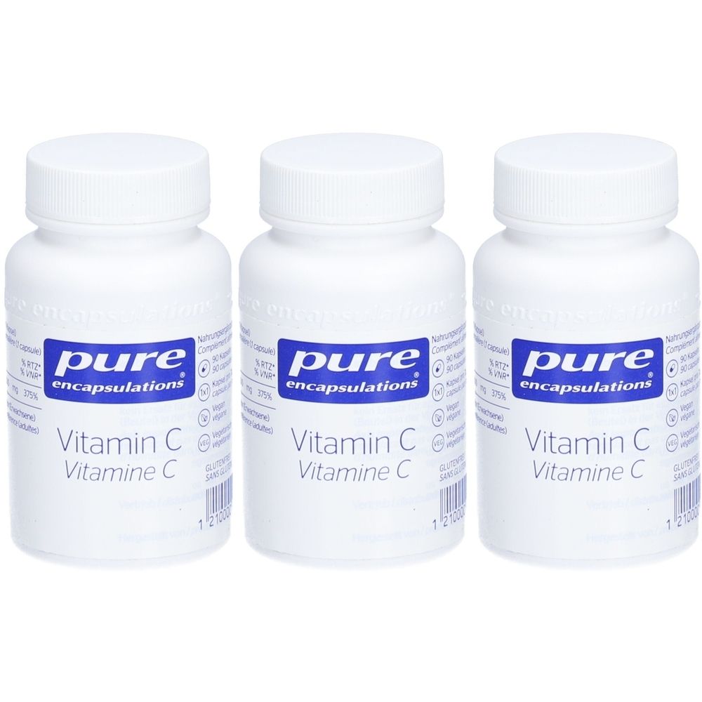 Trois flacons blancs avec bouchons à vis. L'étiquette indique "pure encapsulations Vitamin C".