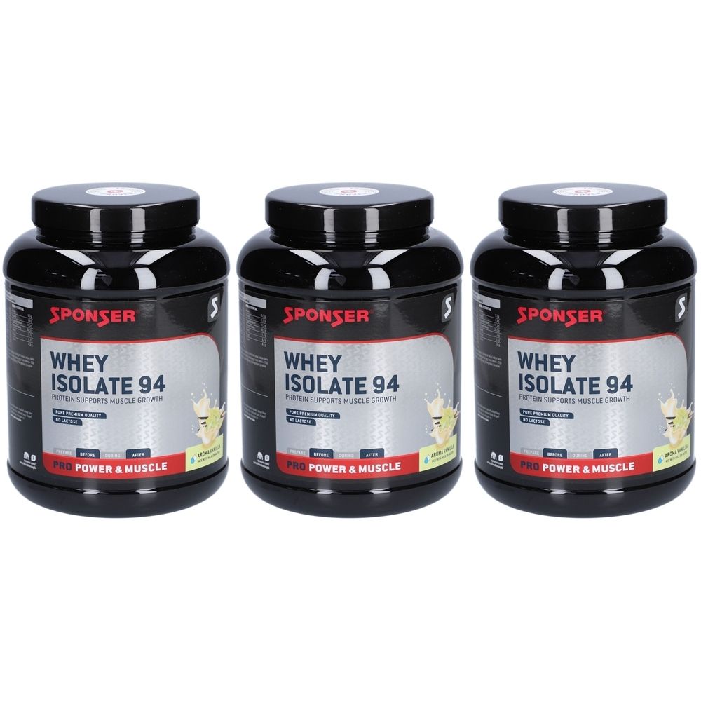 Trois pots noirs avec couvercles. Sur le devant, on lit "SPONSER WHEY ISOLATE 94". Inscription : "PRO POWER & MUSCLE".