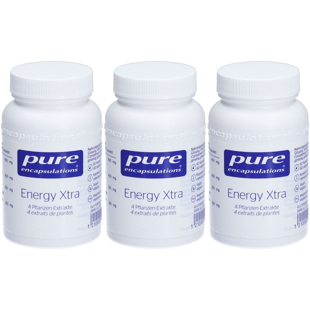 Trois flacons blancs avec bouchons à vis. Chaque flacon porte l'inscription "pure encapsulations" et "Energy Xtra".