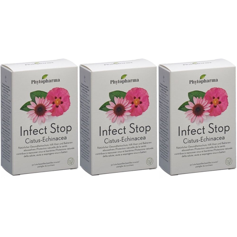 Trois boîtes de "Infect Stop Cistus-Echinacea". Sur chaque boîte : logo "Phytopharma" et image de fleurs.