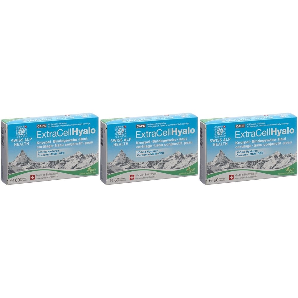 Trois boîtes portant l'inscription "ExtraCellHyalo" et "Swiss Alp Health". Chaque boîte présente un paysage de montagne.