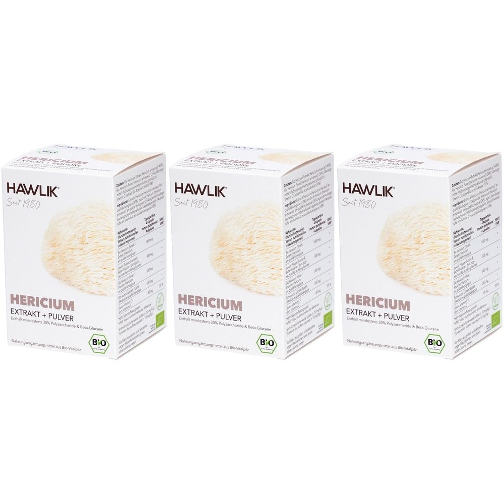 Trois boîtes de HAWLIK Hericium Extrakt Pulver. Inscription : HAWLIK, Hericium Extrakt + Pulver, label bio.