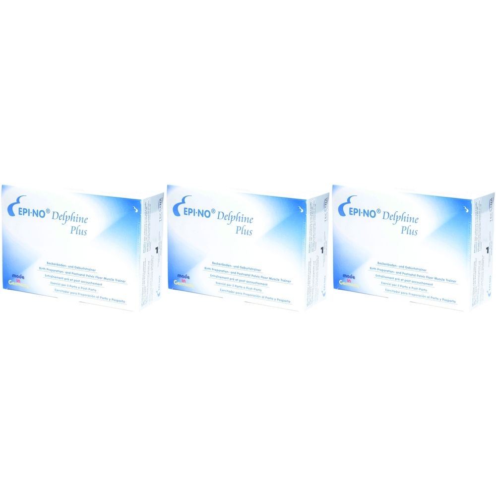 Trois boîtes EPI-NO® Delphine Plus. Emballage bleu et blanc avec nom et logo du produit. Texte en allemand.