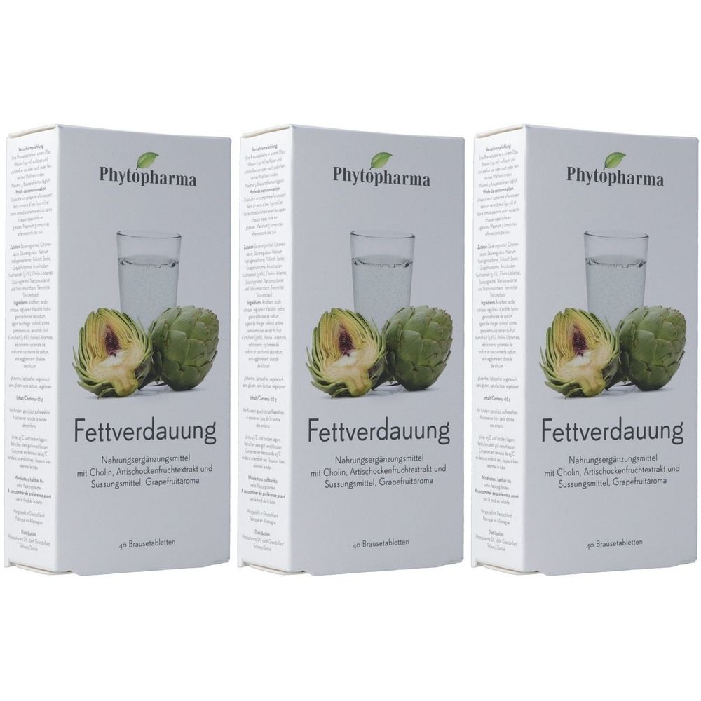 Trois boîtes blanches avec image de produit et texte Fettverdauung. Marque : Phytopharma. Représentation d'artichauts et d'un verre d'eau.