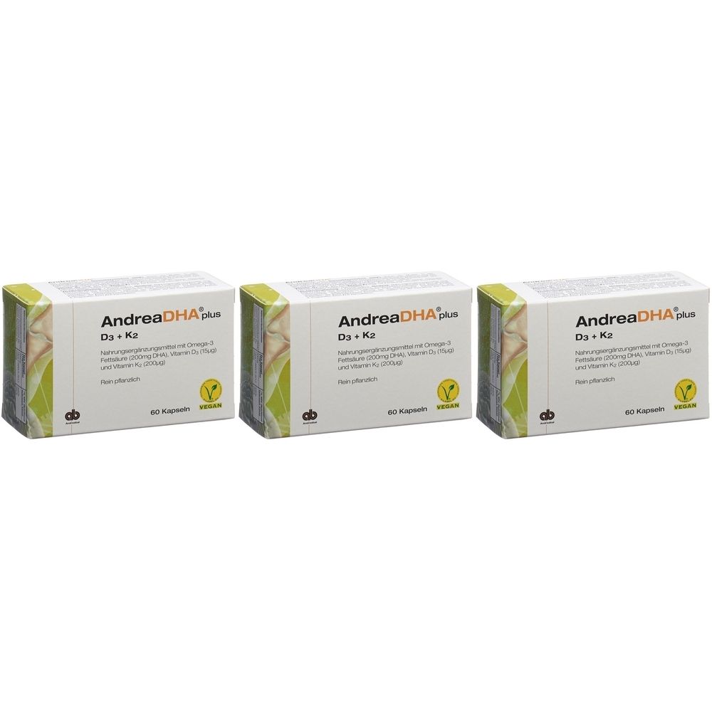 Trois boîtes d'AndreaDHA plus D3 + K2. Emballage blanc avec accents verts et informations sur le produit. 60 gélules, végétalien.