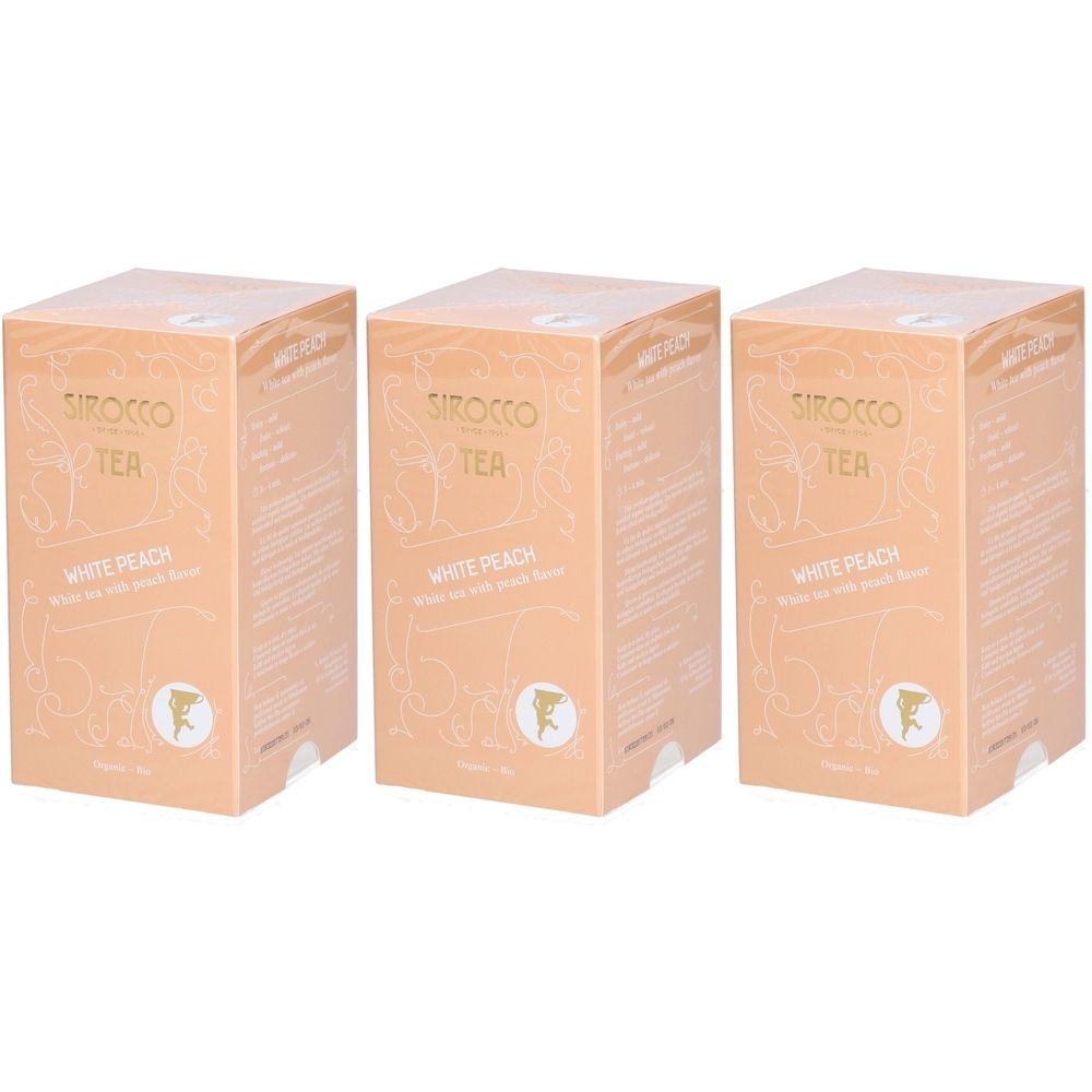 Trois boîtes de thé SIROCCO, thé blanc saveur pêche. Emballage beige avec logo et texte. Inscription : White Peach.