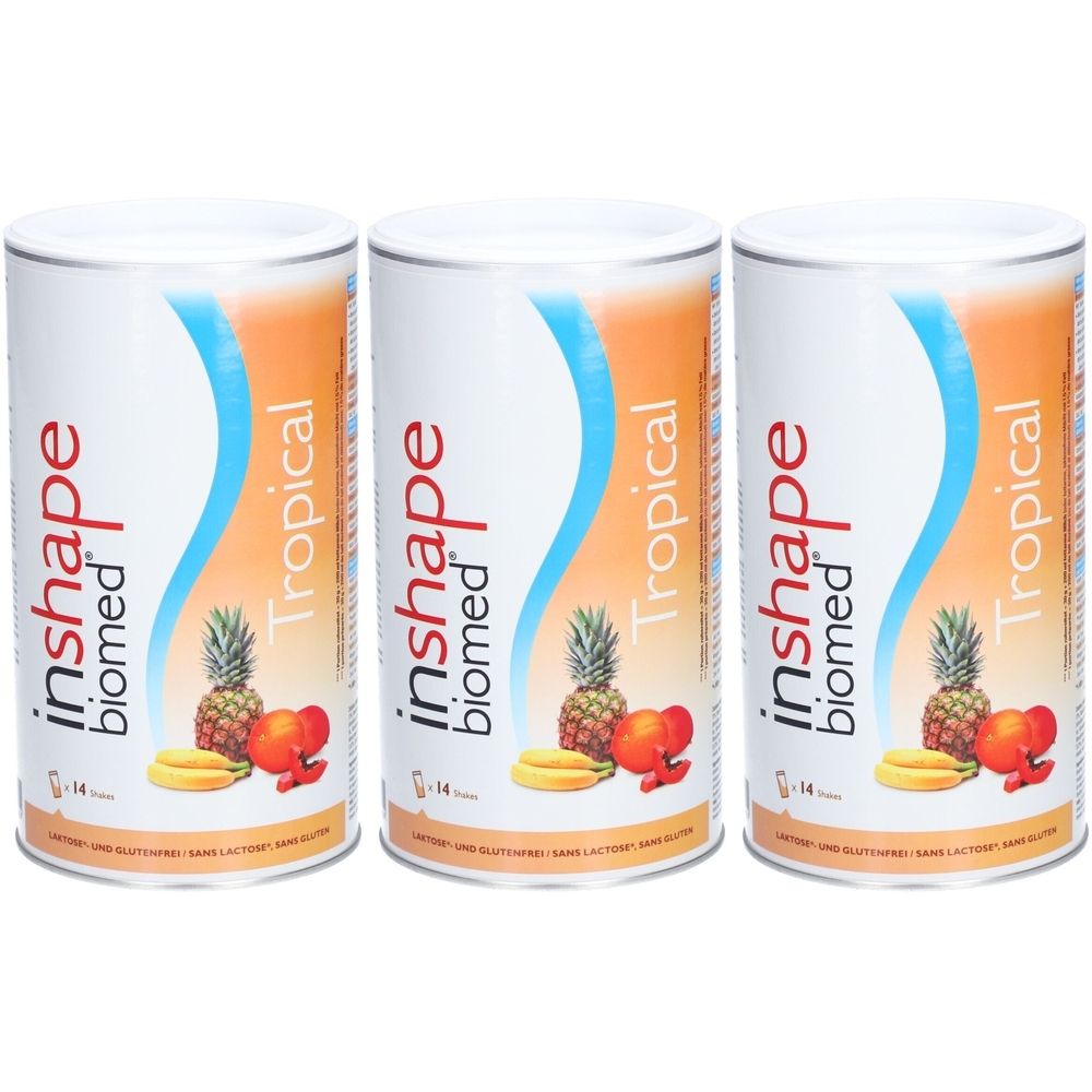 Trois boîtes avec l'étiquette "inshape biomed Tropical". Illustration d'ananas, de bananes et d'oranges. Inscription : Sans gluten, sans lactose.