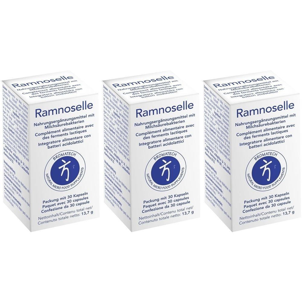 Trois boîtes blanches avec le nom du produit Ramnoselle. Chaque boîte indique "Complément alimentaire avec des ferments lactiques". Le logo Bromatech est également visible.