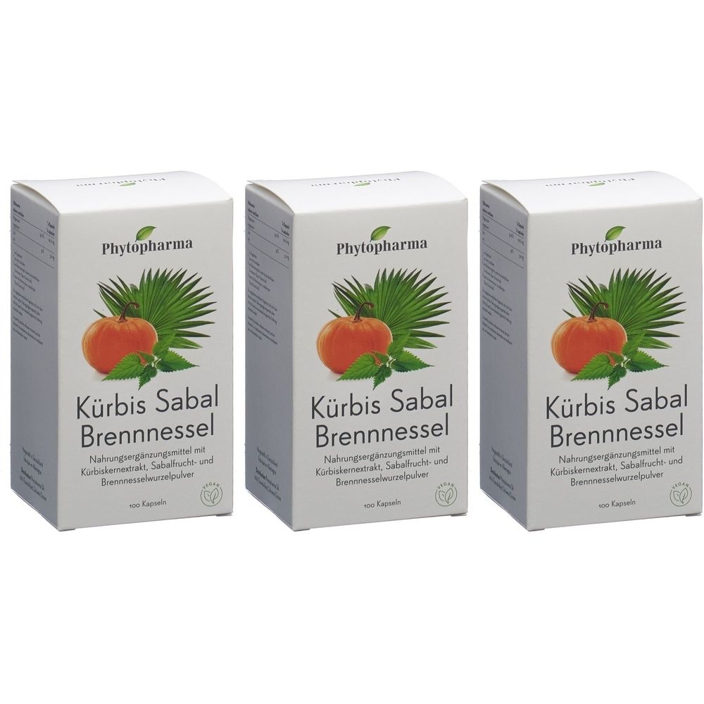 Trois boîtes blanches avec illustration de produit : courge, sabal, ortie. Marque : Phytopharma. Texte en allemand.