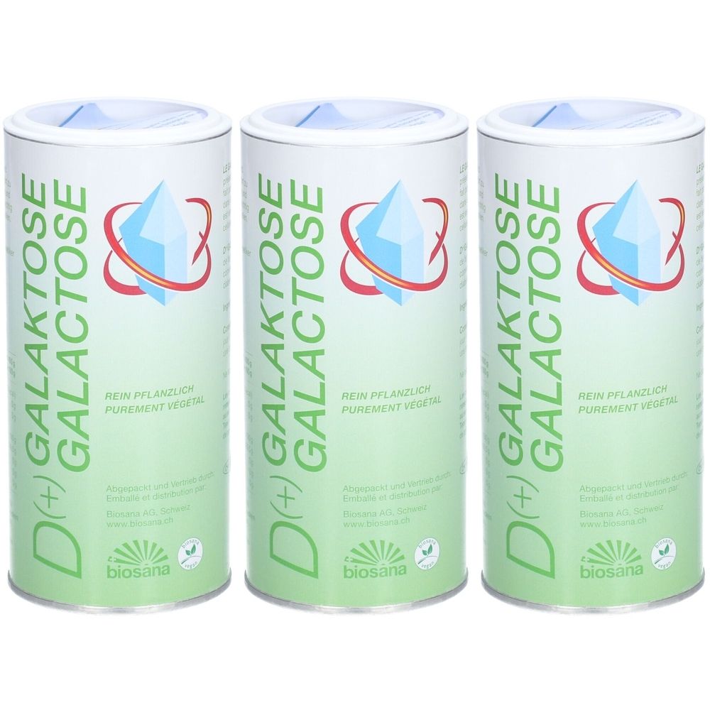 Boîtes de D(+) Galactose. Inscription : D(+) Galactose, Pur végétal, biosana. Plusieurs boîtes côte à côte.
