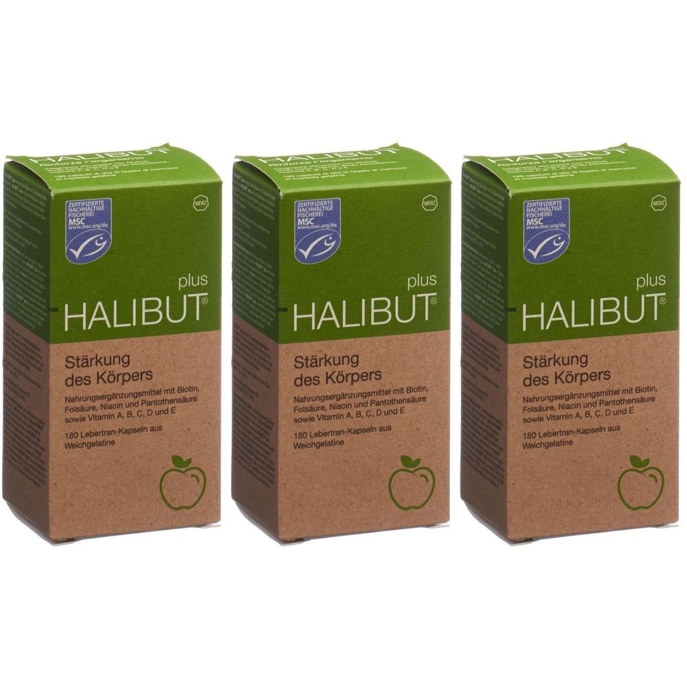 Trois boîtes de HALIBUT plus. Sur chaque boîte, "Stärkung des Körpers". En haut à gauche, un label MSC.