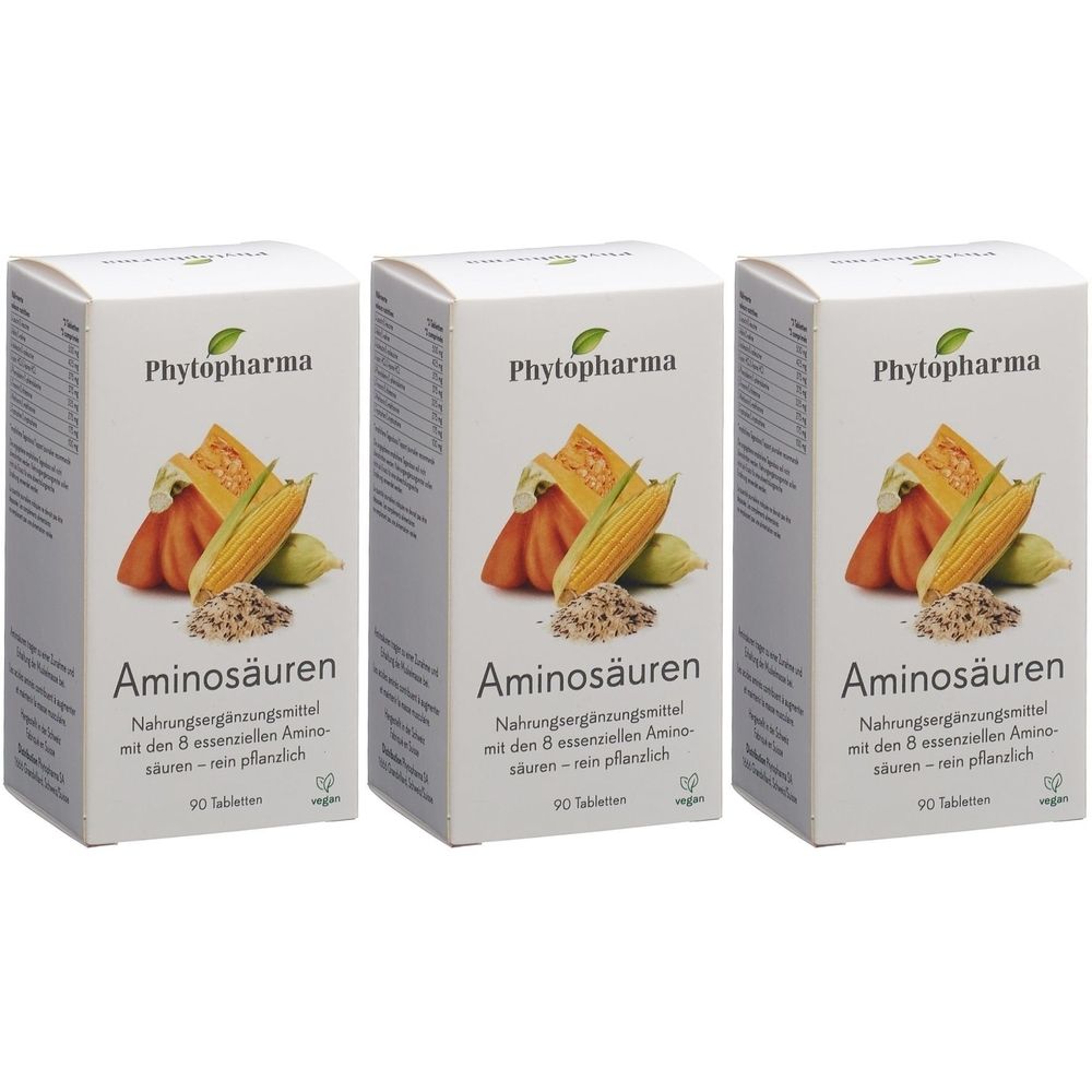 Trois boîtes blanches "Phytopharma Aminosäuren". Illustration: citrouille, maïs, graines. Texte: Complément alimentaire, 90 comprimés, végétalien.