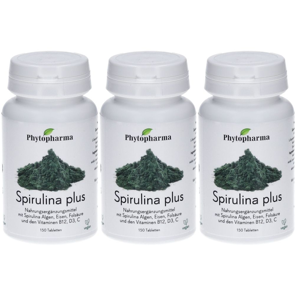 Trois flacons blancs avec bouchon à vis. Chaque flacon porte l'inscription "Phytopharma Spirulina plus". Texte en dessous et l'indication "150 comprimés".