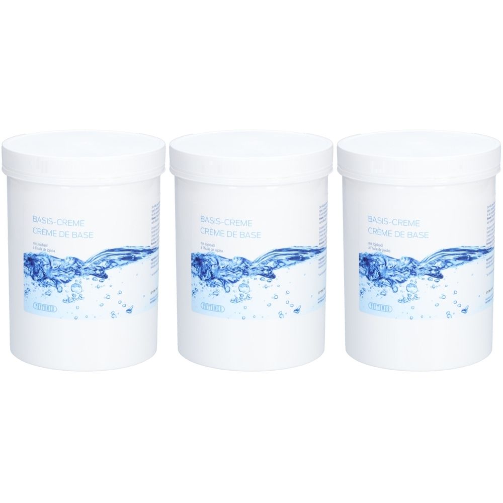 Trois pots blancs avec couvercles. Étiquettes avec illustration d'eau bleue et inscription Basis-Creme / Crème de Base.