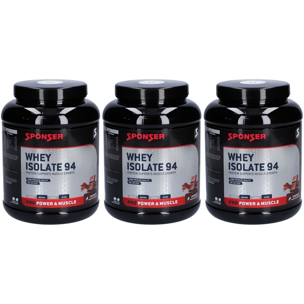 Trois boîtes noires avec l'inscription "SPONSER WHEY ISOLATE 94". Inscription "POWER & MUSCLE".