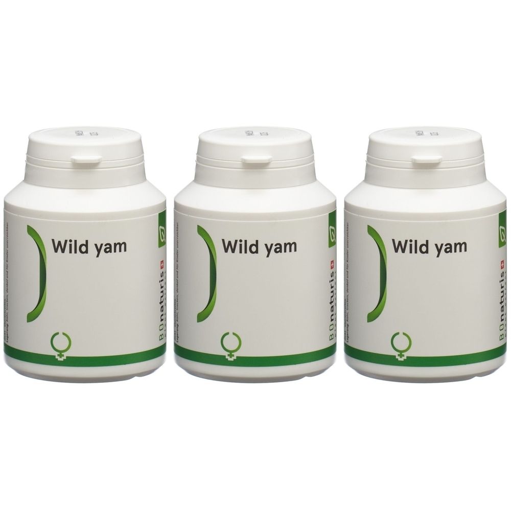 Trois flacons blancs avec couvercles. Inscription "Wild yam" et logo vert. Logo BIONATURIS.