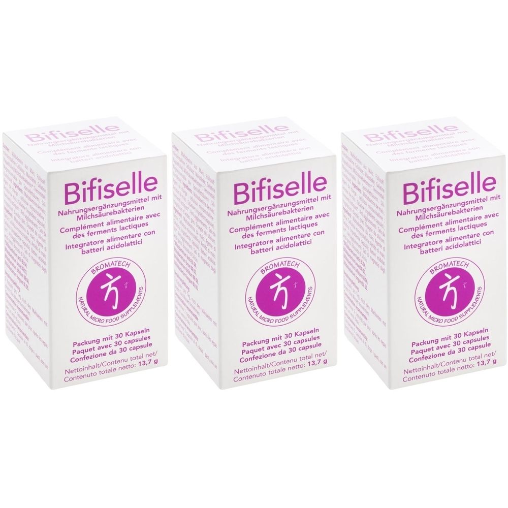 Trois boîtes blanches portant l'inscription "Bifiselle". Chaque boîte contient des informations en plusieurs langues, dont l'allemand et le français.