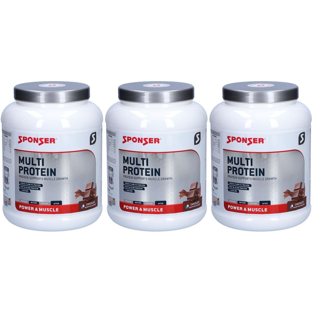 Trois boîtes blanches avec des couvercles argentés. Chaque boîte porte l'inscription "SPONSER MULTI PROTEIN" et "POWER & MUSCLE".