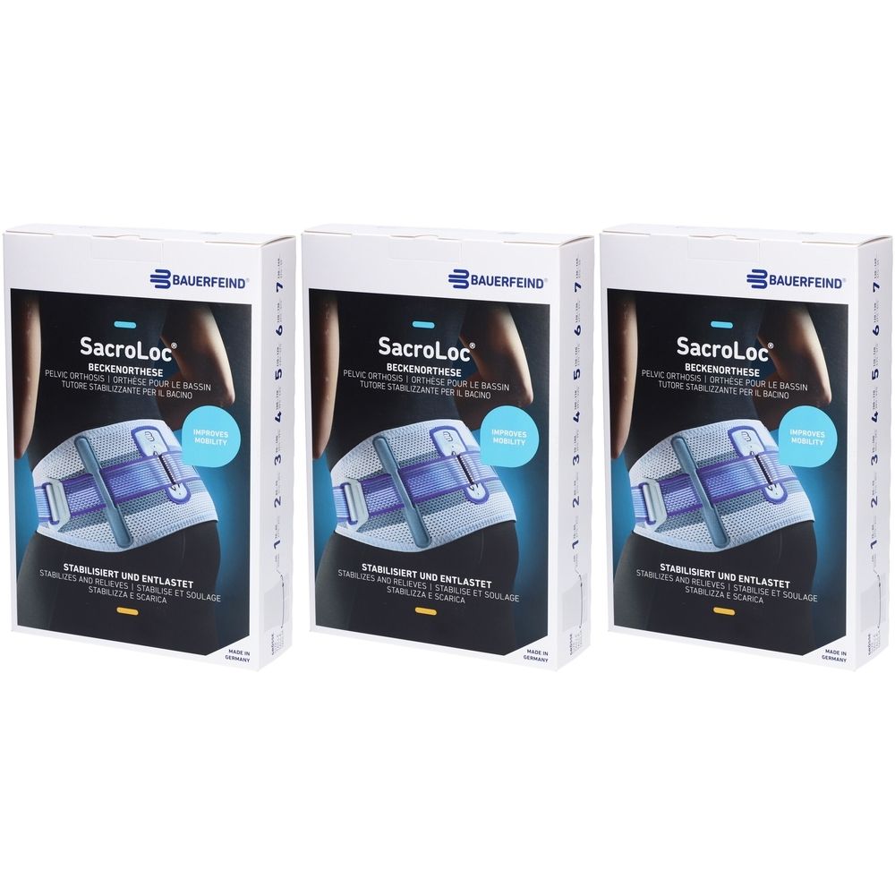 Trois boîtes de l'orthèse pelvienne SacroLoc. Inscription: BAUERFEIND, SacroLoc, Stabilise et soulage.