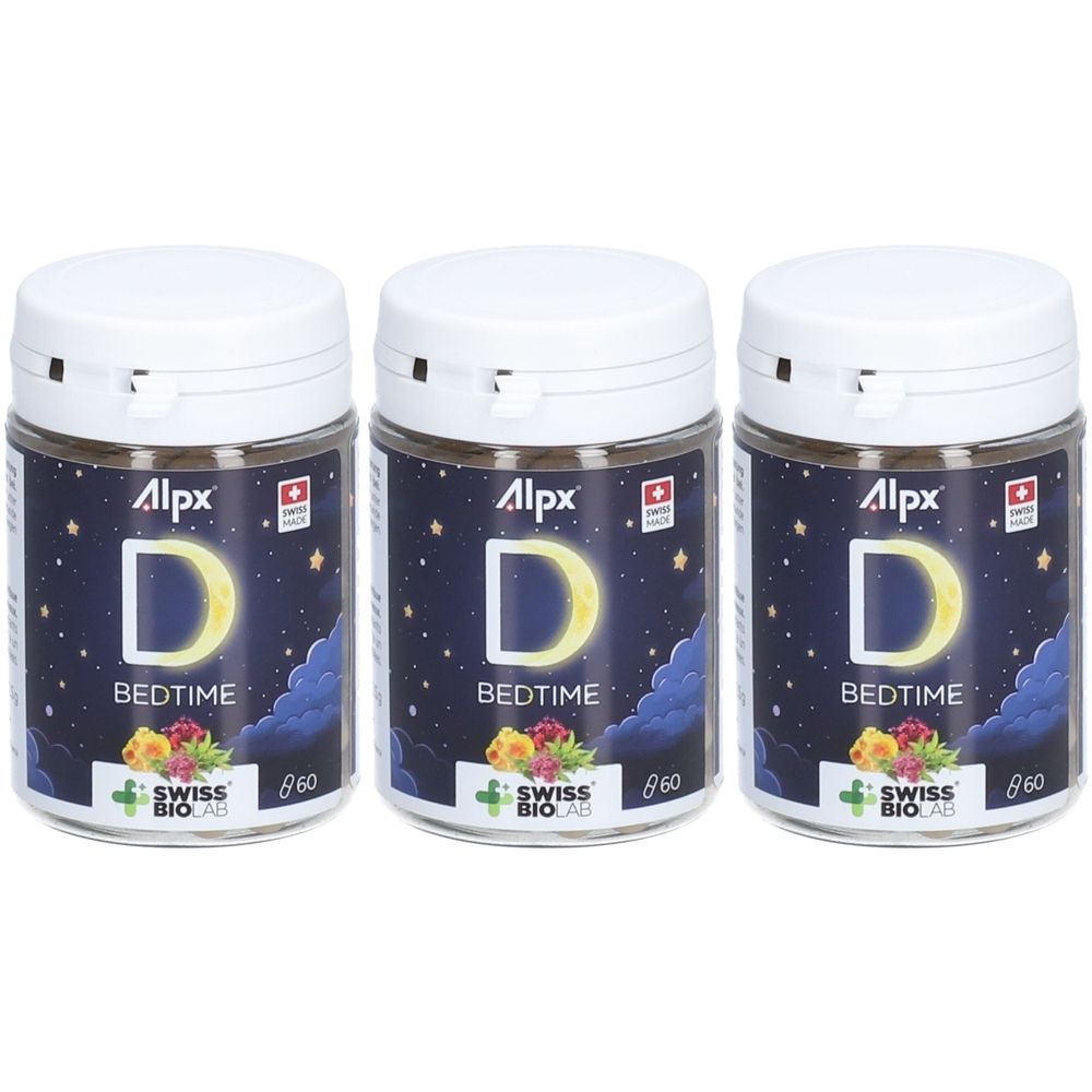 Trois pots avec couvercles blancs. Étiquettes : "Alpx Bedtime", lune, étoiles et logo Swiss Bio Lab.