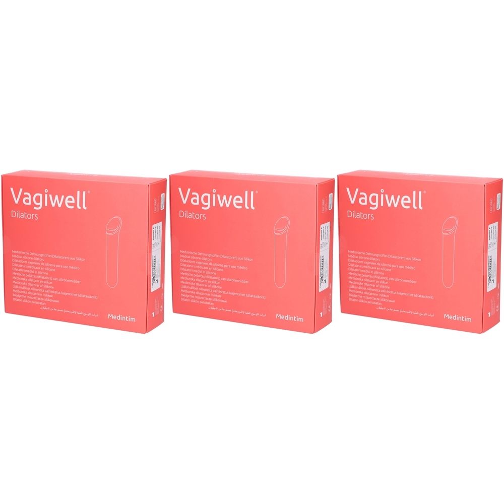 Trois boîtes rouges avec l'inscription "Vagiwell Dilatatoren". Chaque emballage présente un schéma d'un dilatateur.