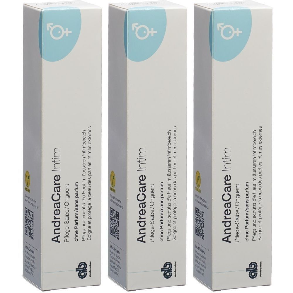 Trois boîtes AndreaCare Intim. Emballage blanc avec cercle bleu clair et symbole. Texte: Pflege-Salbe, sans parfum.