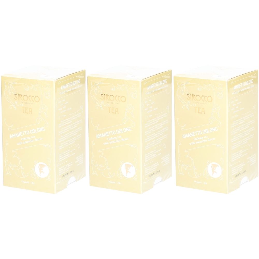 Trois boîtes de thé SIROCCO Amaretto Oolong. Emballage jaune clair avec texte et logo. Inscription : Amaretto Oolong.