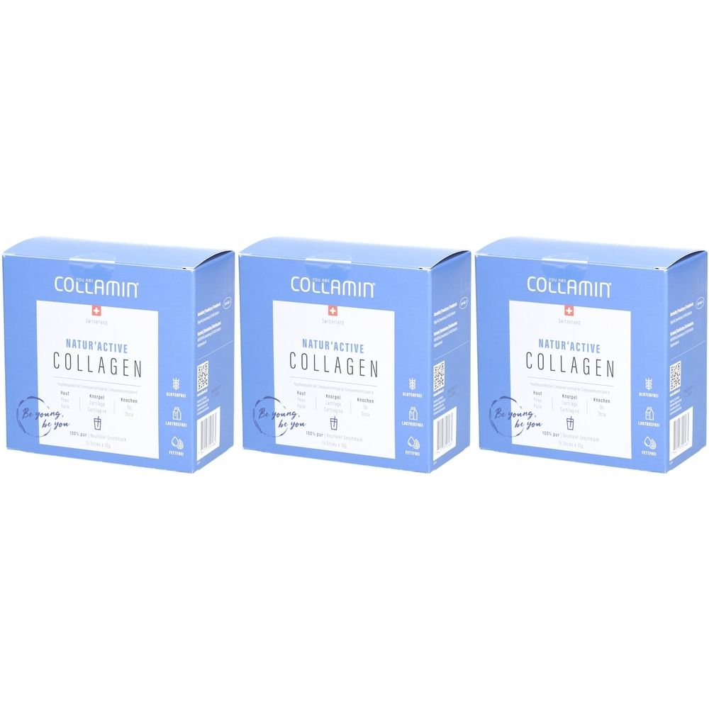 Trois boîtes bleues COLLAMIN Natur'Active Collagen. Croix suisse et informations sur le devant. Emballage de vente au détail.