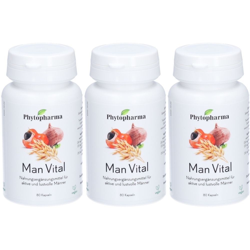 Trois flacons blancs avec bouchons à vis. Chaque flacon porte l'inscription "Phytopharma Man Vital". En dessous, "Complément alimentaire pour hommes actifs et vigoureux".