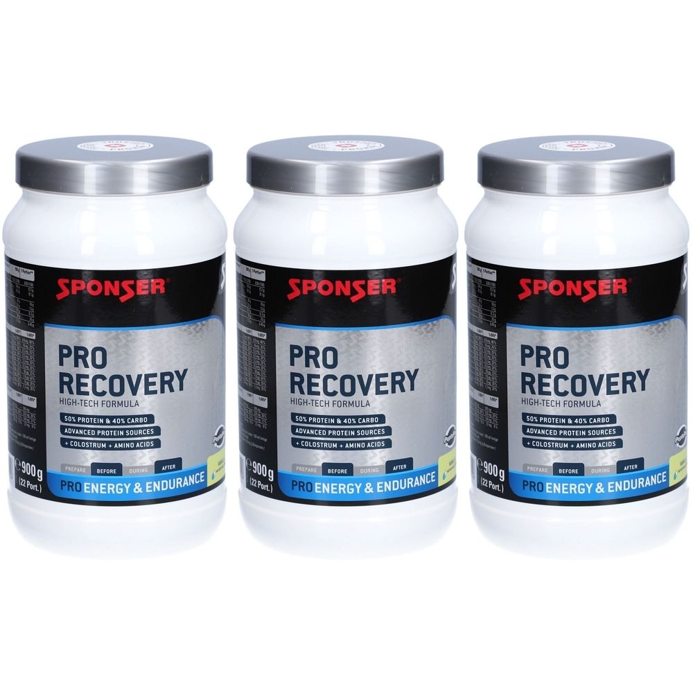 Trois pots blancs avec couvercles argentés. Chaque pot porte l'inscription "SPONSER PRO RECOVERY". Texte : High-Tech Formula, 50% Protéines & 40% Glucides.