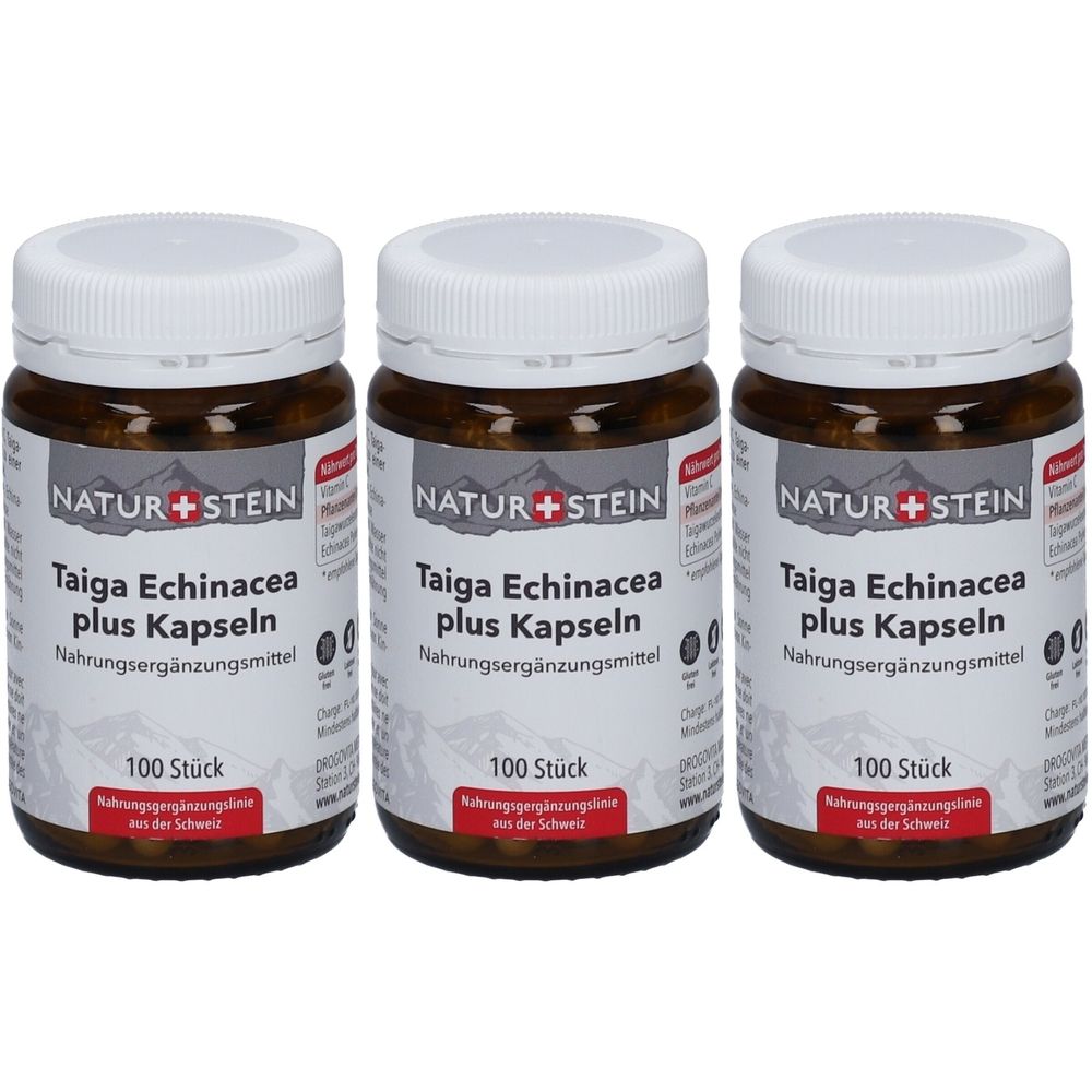 Trois flacons de pilules marron avec des couvercles blancs. Chaque flacon porte l'inscription "NATUR+STEIN Taiga Echinacea plus Kapseln". Inscription : "100 Stück".
