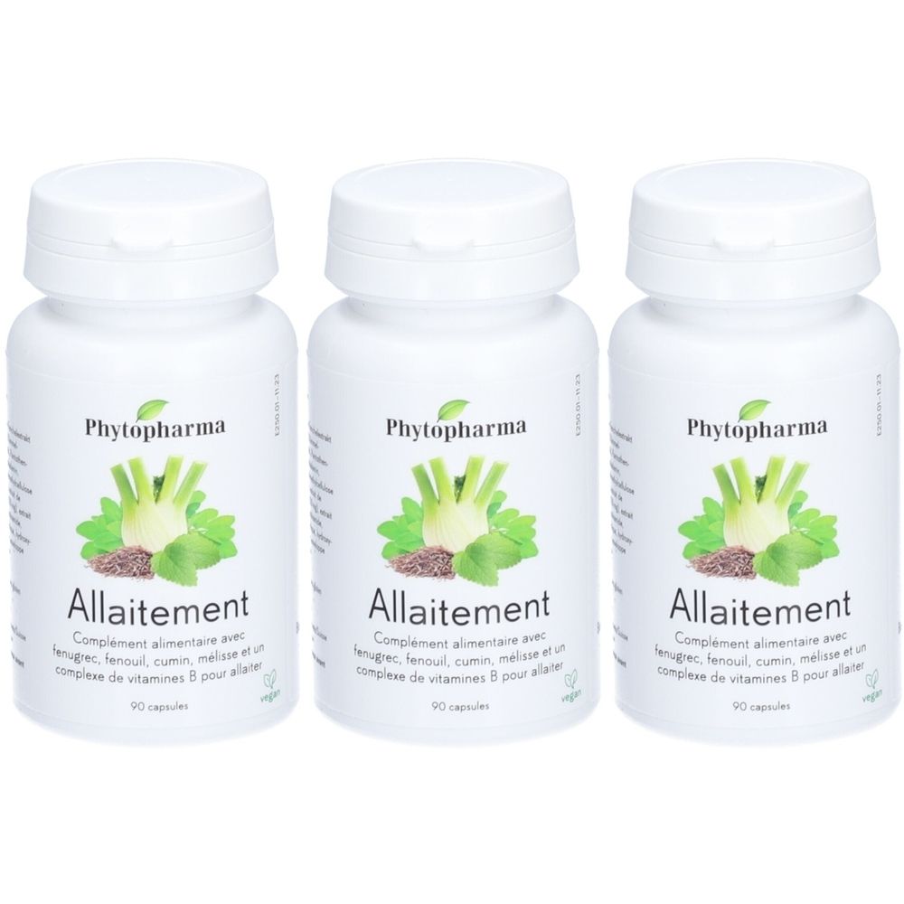 Trois flacons blancs de compléments alimentaires Phytopharma. Chaque flacon porte le mot "Allaitement" et une illustration végétale.