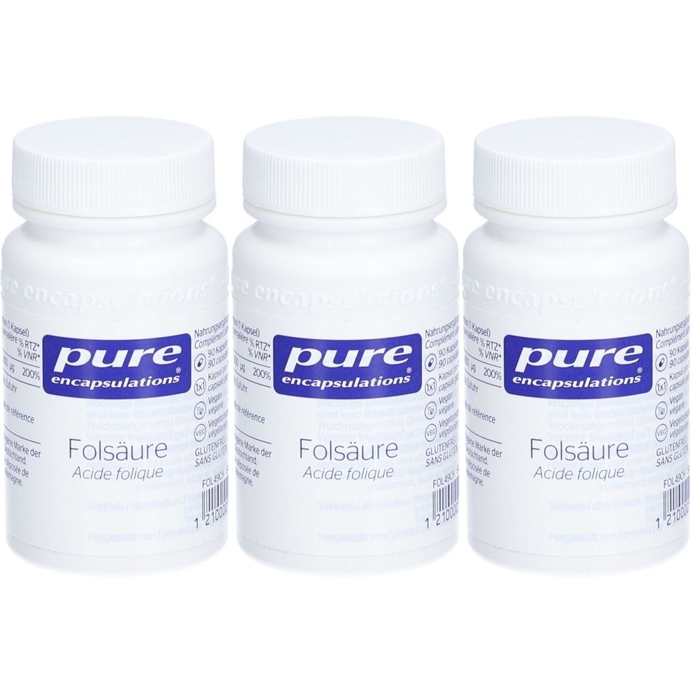 Trois flacons blancs avec bouchons à vis. L'étiquette indique "pure encapsulations" et "Folsäure".