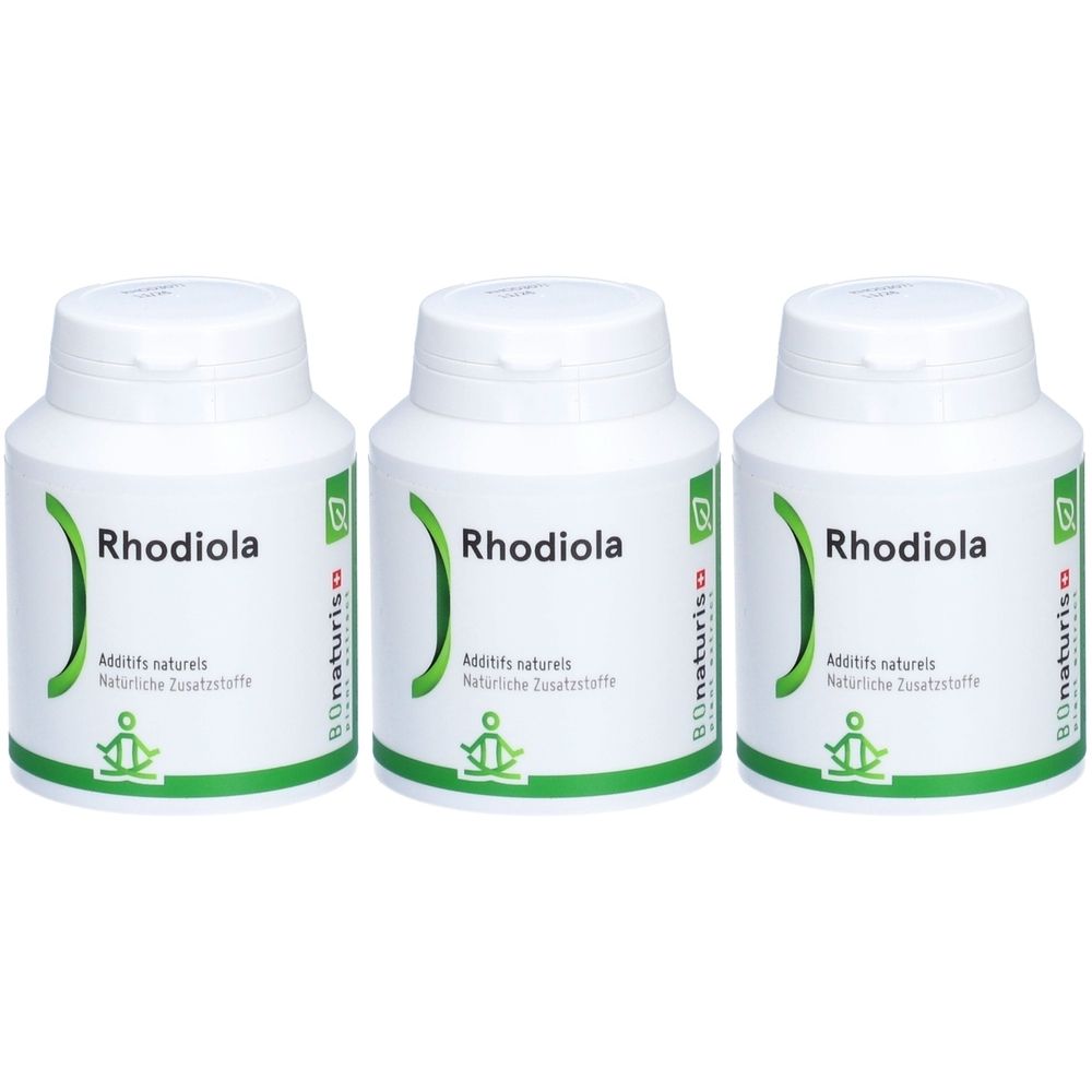 Trois flacons blancs avec "Rhodiola" imprimé. En dessous, "Additifs naturels" et un logo. Marque : BIOnaturis.