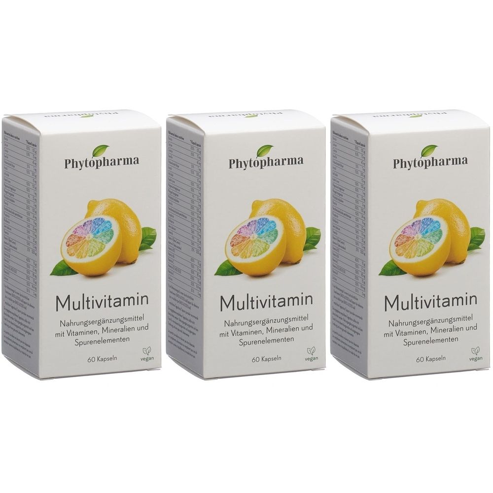 Trois boîtes de "Phytopharma Multivitamin". Chaque boîte présente un citron aux couleurs de l'arc-en-ciel. Texte : Complément alimentaire, 60 gélules.