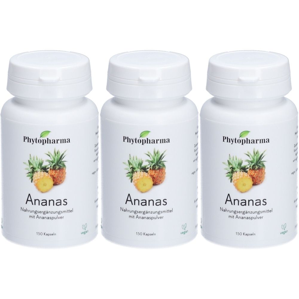 Trois flacons blancs avec le logo Phytopharma et le mot Ananas. Inscription: Complément alimentaire avec de la poudre d'ananas.