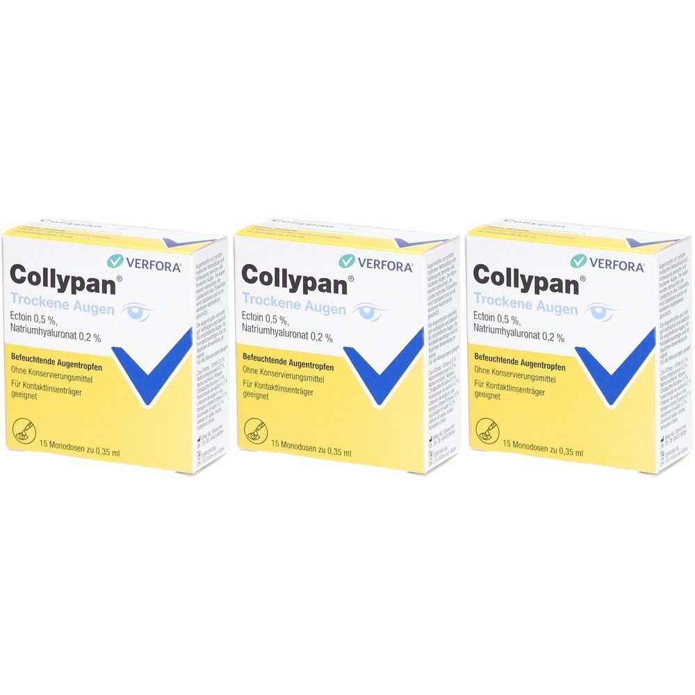 Trois boîtes de Collypan Trockene Augen. Emballage jaune avec un design en forme de V bleu et informations produit.