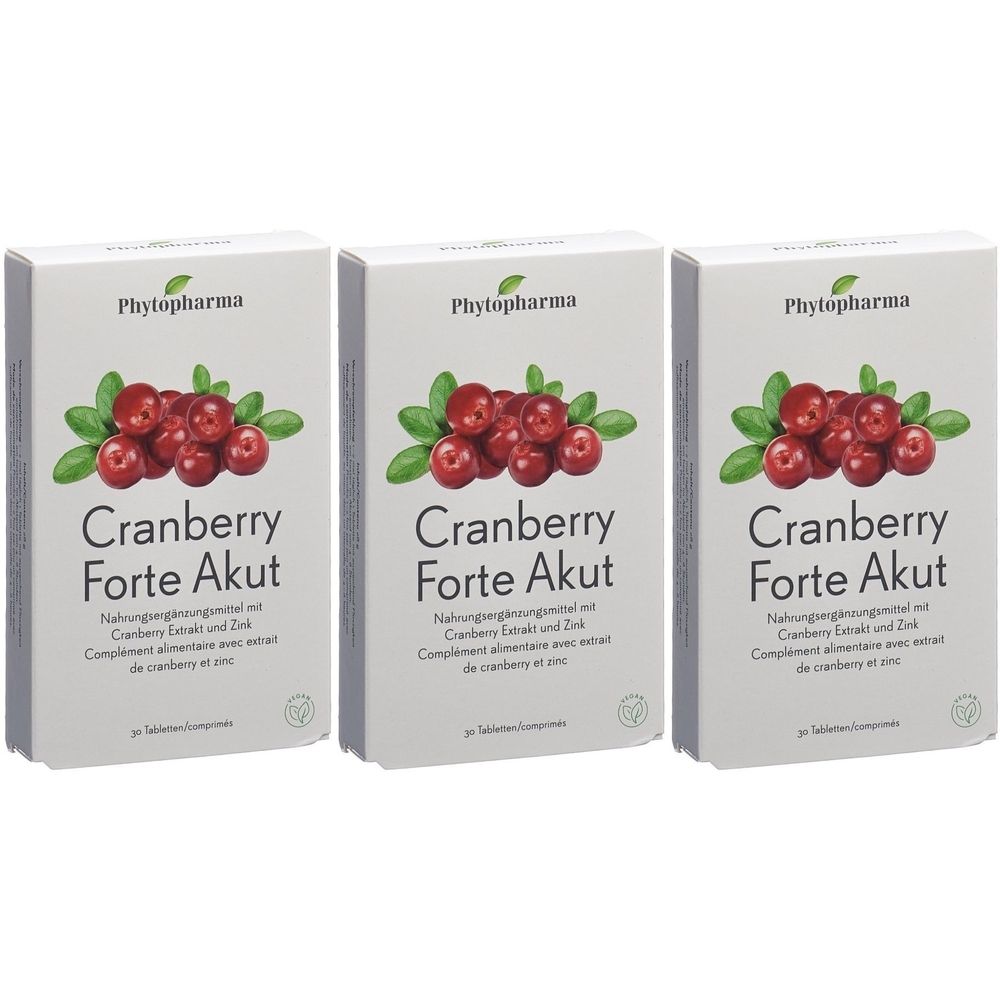 Trois boîtes blanches avec illustration de canneberges et texte "Cranberry Forte Akut".