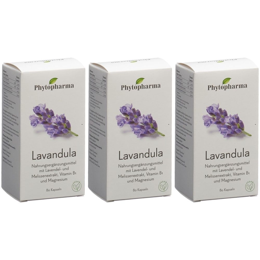 Trois boîtes de complément alimentaire "Lavandula". Chaque boîte porte le logo Phytopharma et une image de lavande.