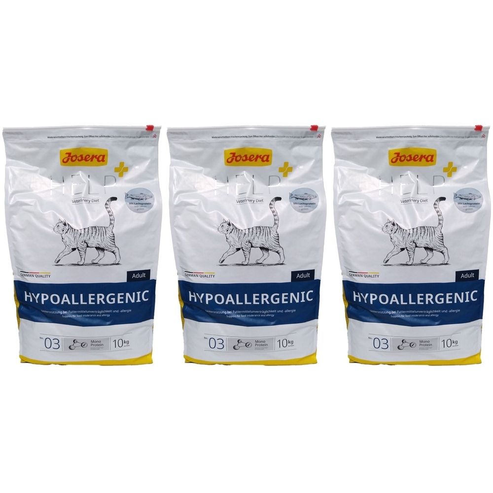 Trois sacs de croquettes Josera Help Hypoallergenic pour chats. Inscription : Adult, Hypoallergenic. Illustration d'un chat.