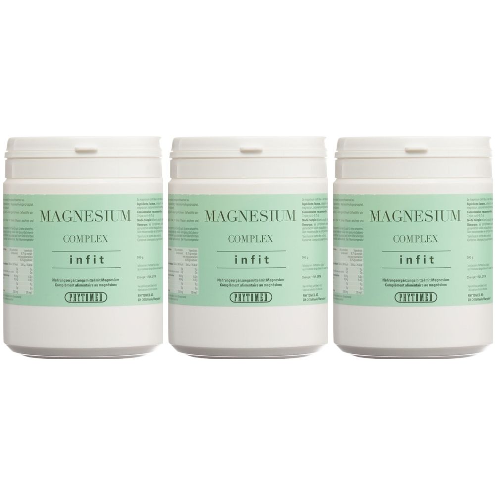 Trois contenants blancs avec étiquette verte. Inscription: Magnesium Complex infit. Marque: PHYTOMED.
