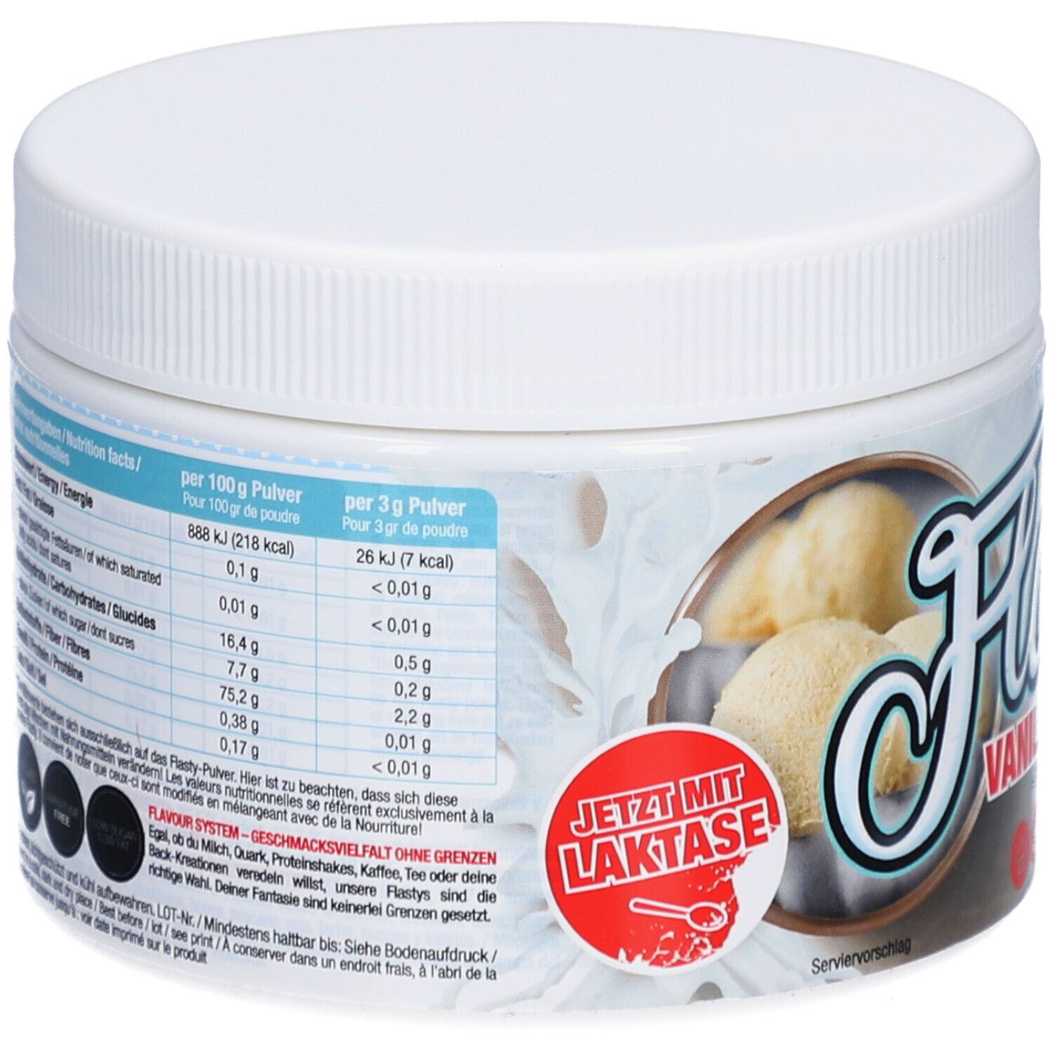Récipient blanc avec tableau nutritionnel. Inscription "Flasty Vanillakilla Geschmack". Texte : "Jetzt mit Laktase". Image de vanille.
