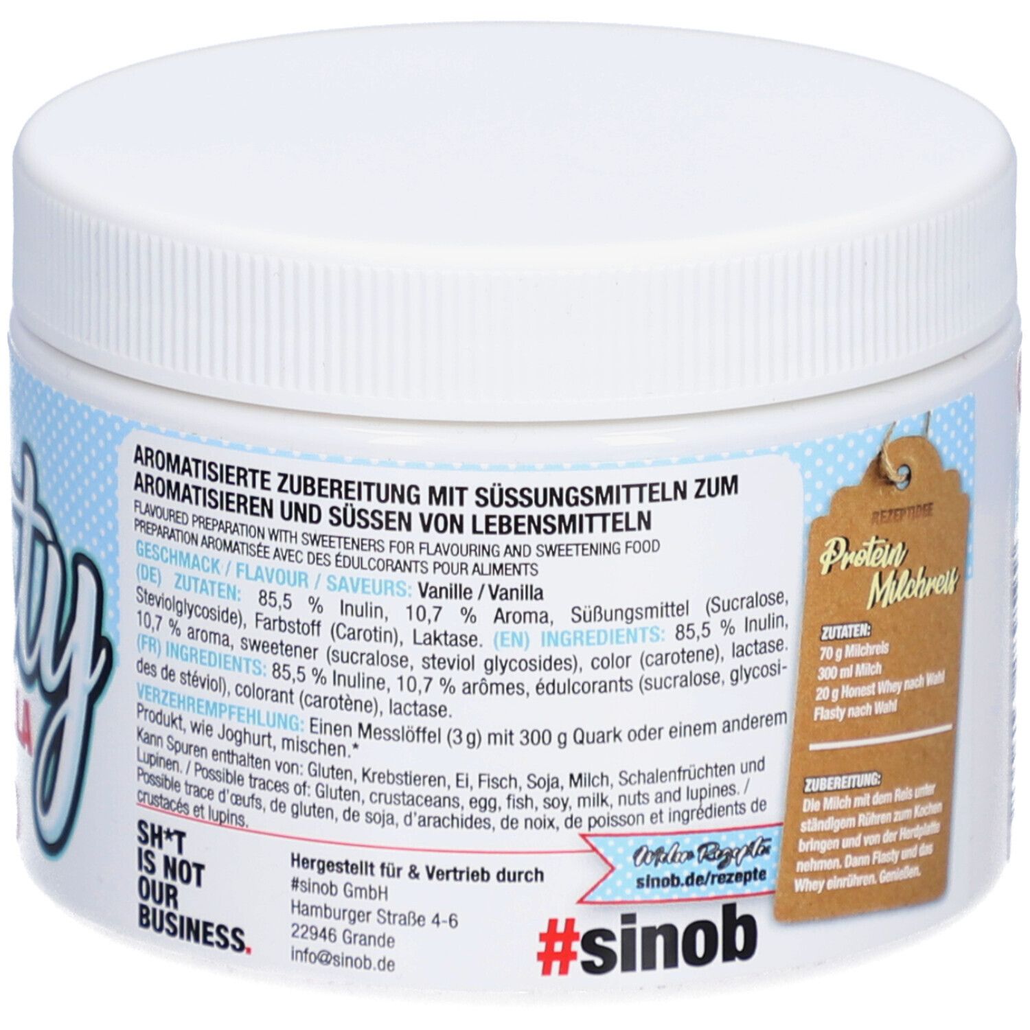 Récipient blanc avec inscription "Flasty". Texte : "Préparation aromatisée avec édulcorants". Texte : "Protein Milchreis". Logo : #sinob.