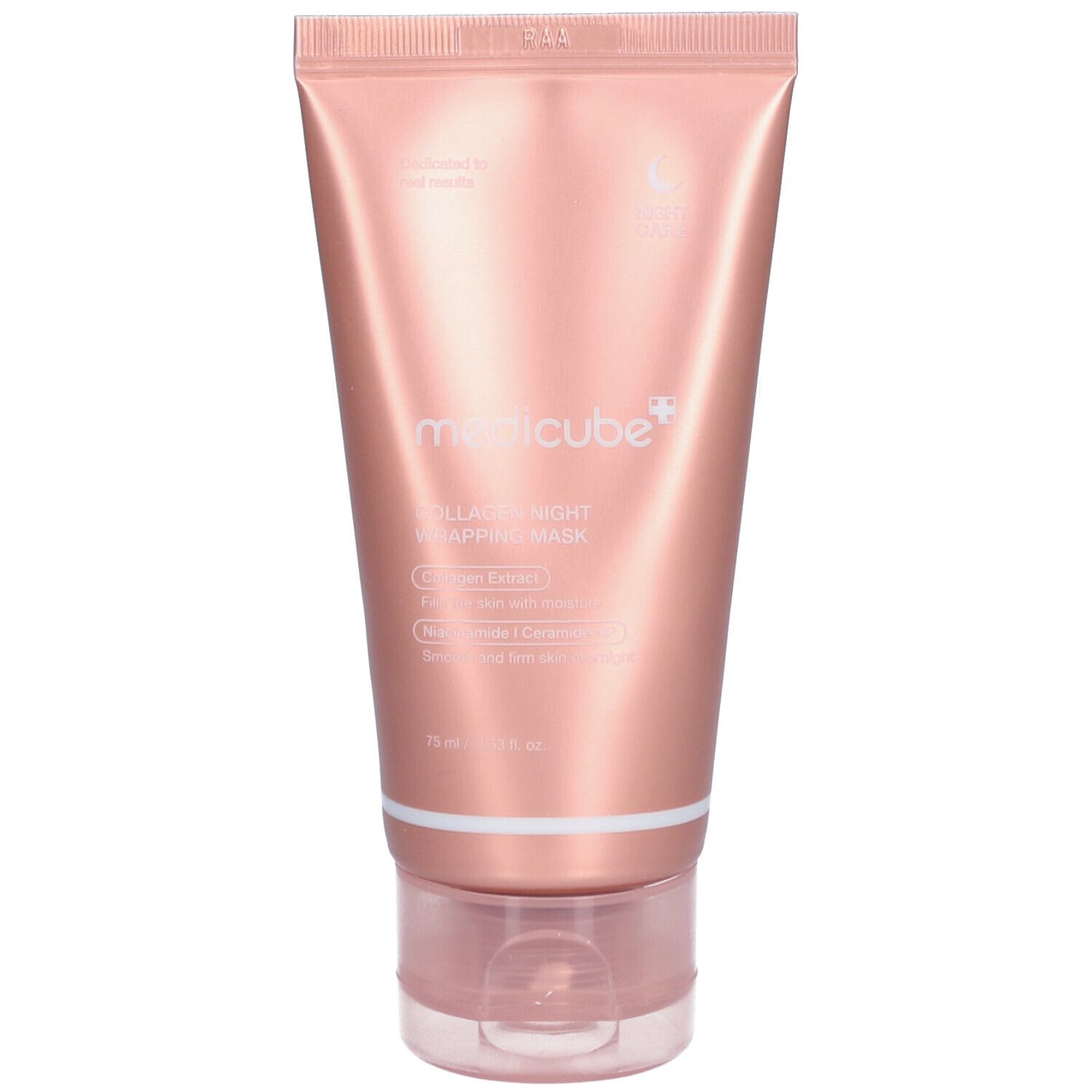 Tube rose MEDICUBE Collagen Night Wrapping Mask. Ingrédients et nom du produit imprimés. Bouchon transparent.