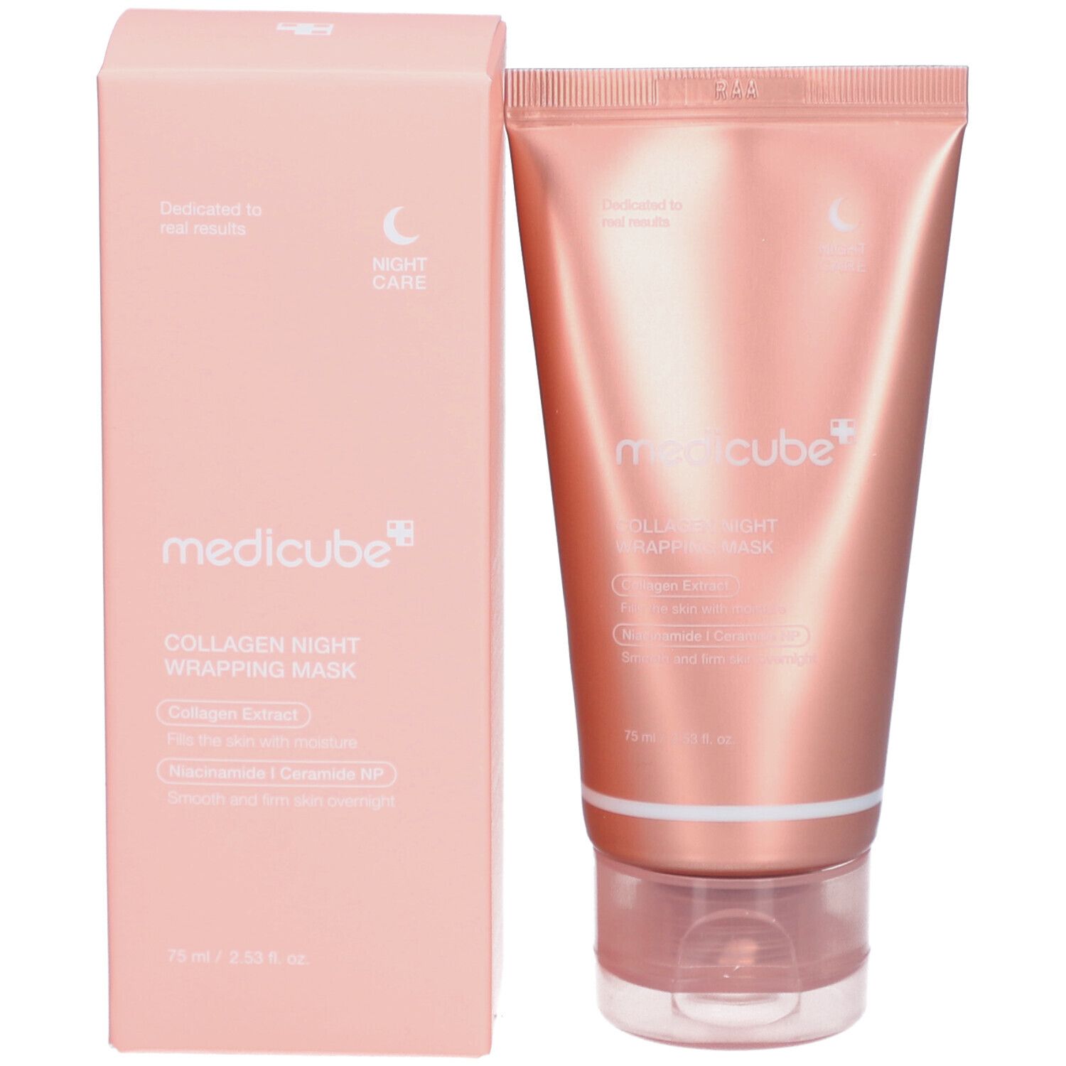Tube et boîte MEDICUBE Collagen Night Wrapping Mask. Emballage rose avec nom et ingrédients du produit.