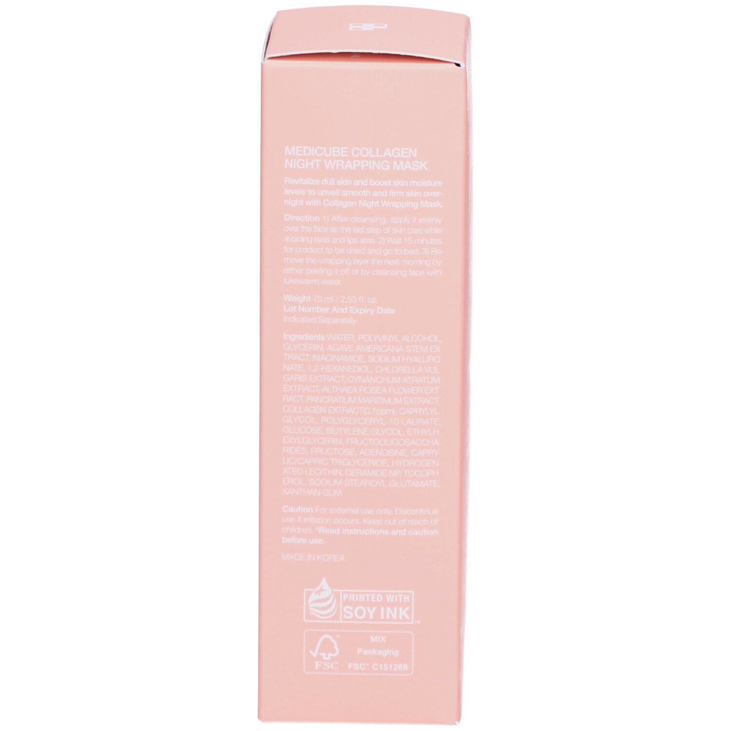 Dos de la boîte rose MEDICUBE Collagen Night Wrapping Mask. Texte, symbole de recyclage et logo FSC.