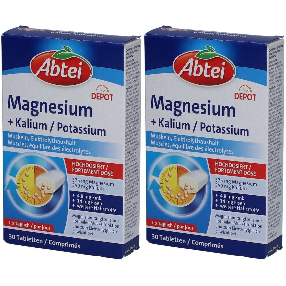 Deux boîtes de Abtei Magnesium + Potassium. Emballage bleu avec texte blanc. Contient 30 comprimés. Fort dosage.