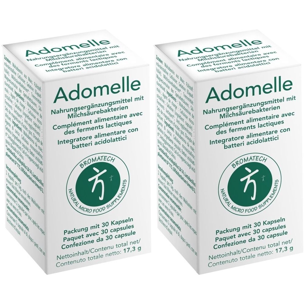 Deux boîtes blanches Adomelle. Inscription : Complément alimentaire avec des ferments lactiques. Logo Bromatech. Contenu : 30 capsules.